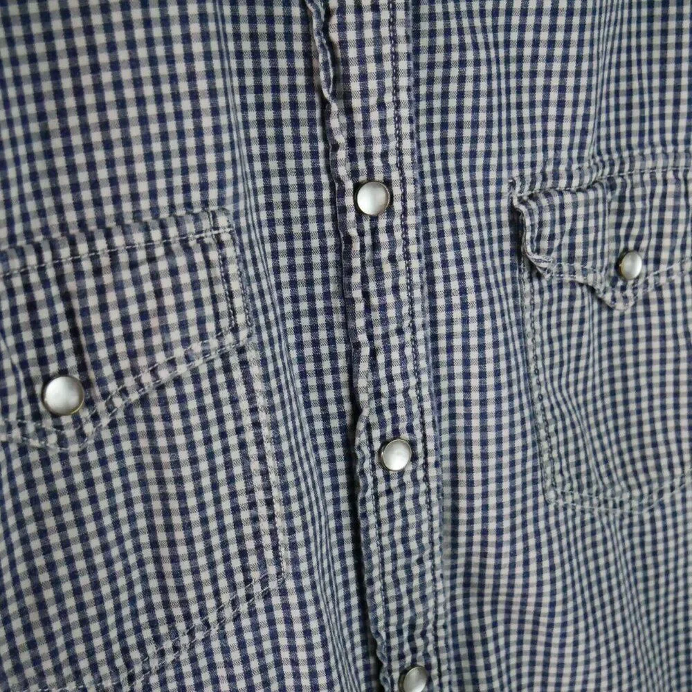 Banana Republic Men's Size L Pearl Snap Plaid Blue Short-Sleeve Button Down